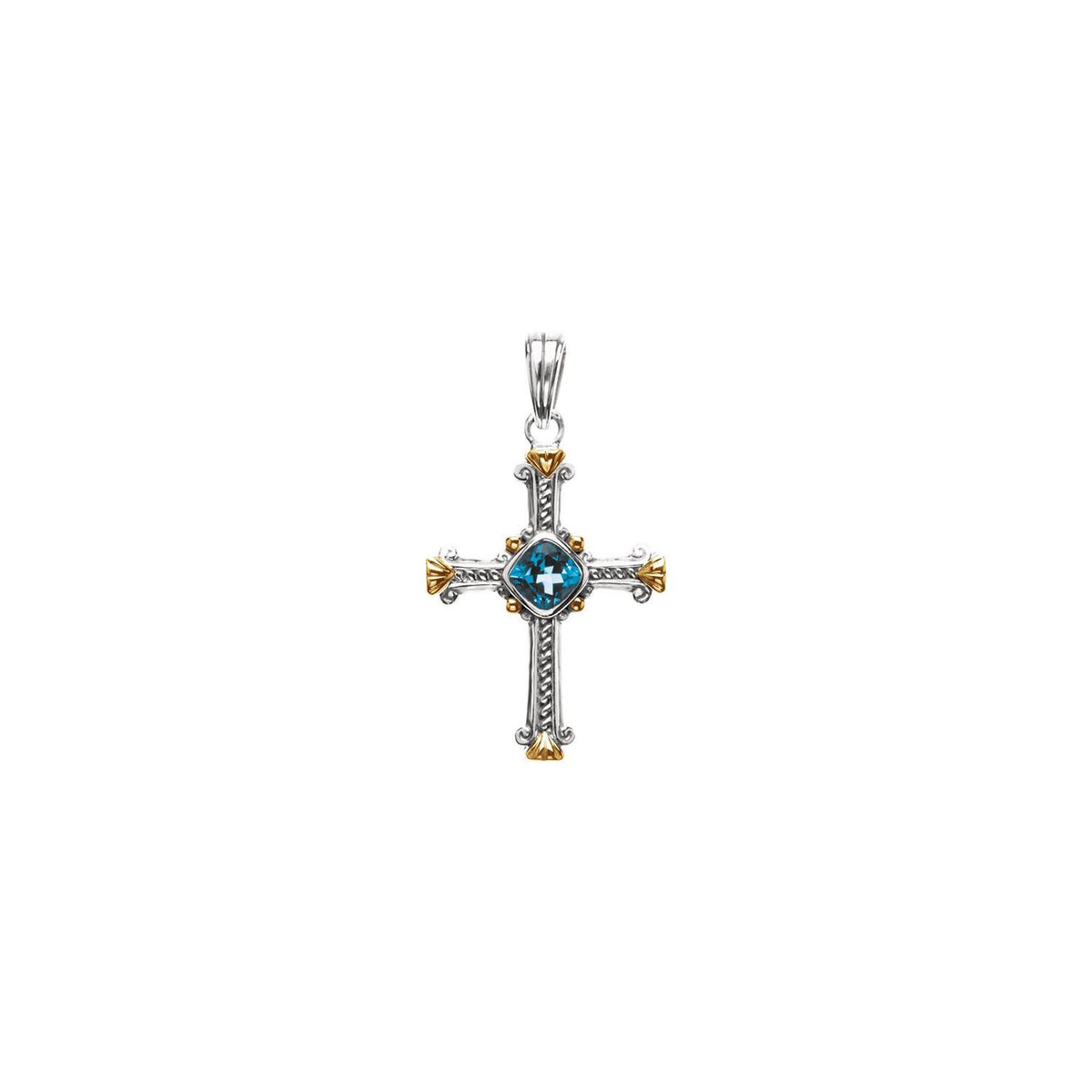 Sterling Silver & 14K Yellow Gold Natural Swiss Blue Topaz Cross Pendant