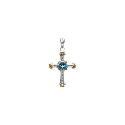 Sterling Silver & 14K Yellow Gold Natural Swiss Blue Topaz Cross Pendant