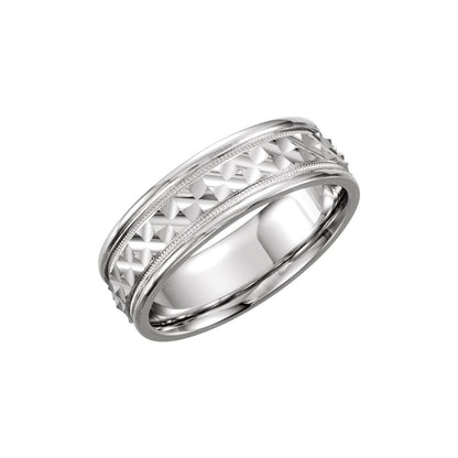 14K White Gold Milgrain Geometric Diagonal Grooved Band