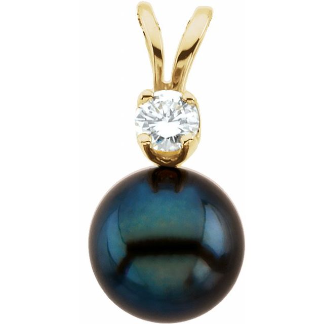 14K Yellow Gold Cultured Black Akoya Pearl & 1/10 CT Natural Diamond Pendant