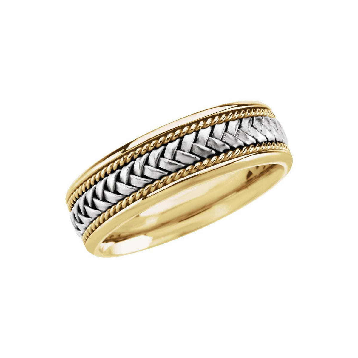 18K Yellow/White Gold Rope Hand-Woven Comfort-Fit Flat Band