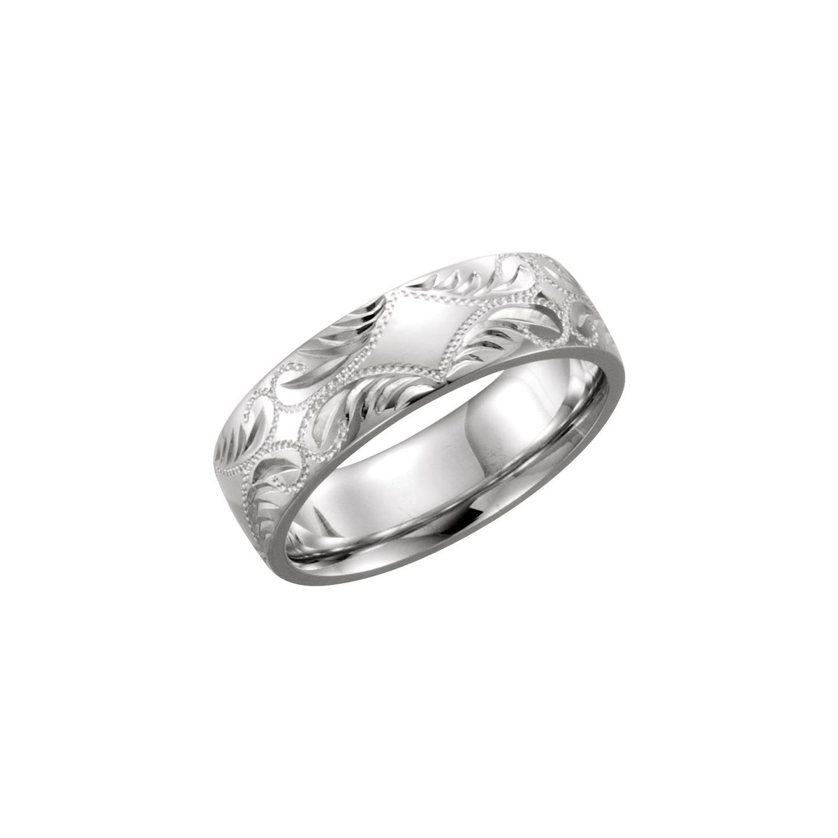 14K White Gold Hand-Engraved Band