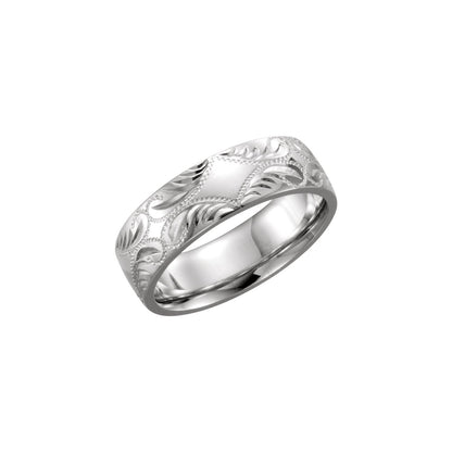 14K White Gold Hand-Engraved Band