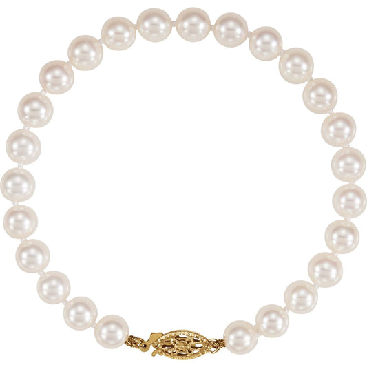 14K Yellow Gold Cultured White Akoya Pearl 7" Bracelet