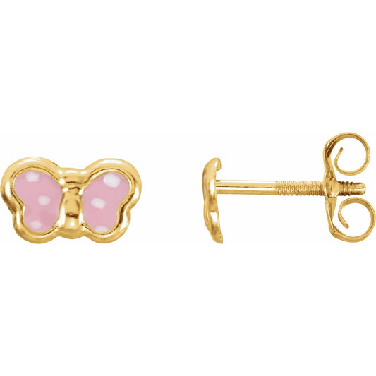 14K Yellow Gold Pink Enamel Butterfly Earrings