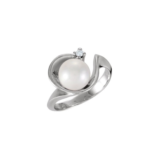 14K White Gold Cultured White Akoya Pearl & .03 CTW Natural Diamond Ring