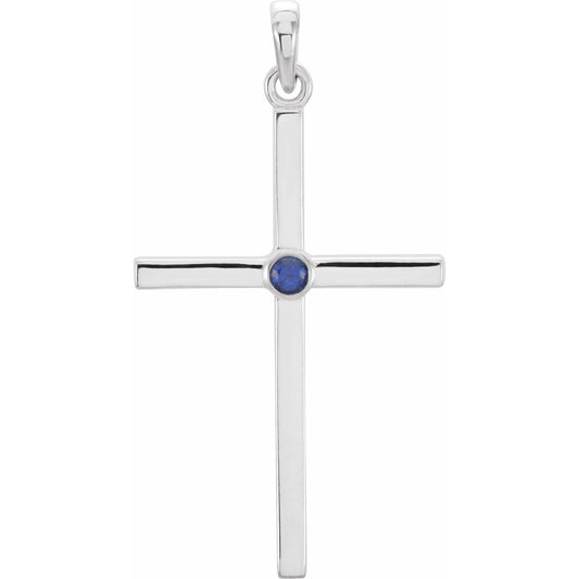 14K White Gold Natural Blue Sapphire Cross Pendant