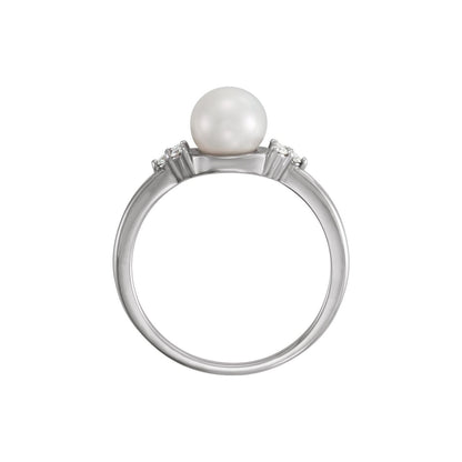 6.5- Cultured Freshwater White Pearl & .09 CTW Natural Diamond Ring