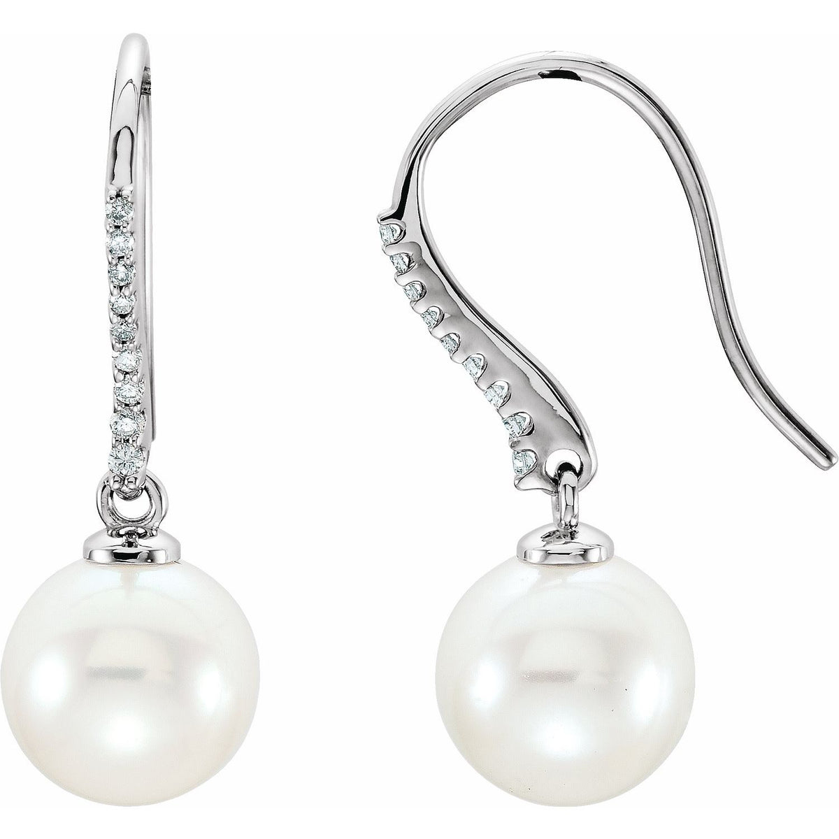 14K White Gold Cultured White Freshwater Pearl & 1/8 CTW Natural Diamond Earrings, 9.7 mm x 28.4 mm
