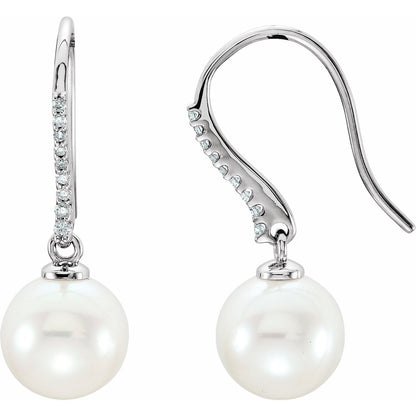 14K White Gold Cultured White Freshwater Pearl & 1/8 CTW Natural Diamond Earrings, 9.7 mm x 28.4 mm