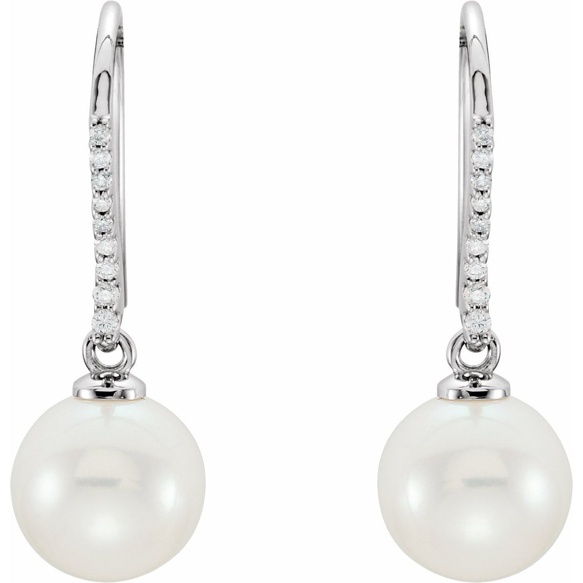 14K White Gold Cultured White Freshwater Pearl & 1/8 CTW Natural Diamond Earrings, 9.7 mm x 28.4 mm