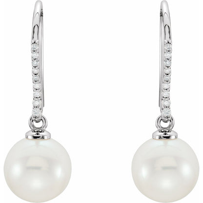 14K White Gold Cultured White Freshwater Pearl & 1/8 CTW Natural Diamond Earrings, 9.7 mm x 28.4 mm