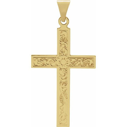 14K Yellow Gold 36.8x17.7 mm Cross Pendant, Floral