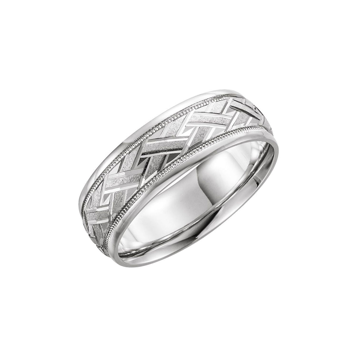 14K White Gold Milgrain Woven-Design Comfort-Fit Half Round Band