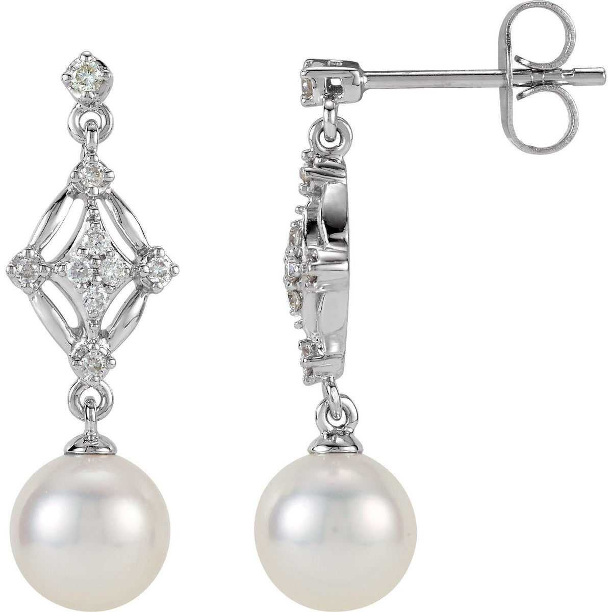 14K White Gold Cultured White Freshwater Pearl & 1/6 CTW Natural Diamond Earrings, 7.9 mm x 24.25 mm