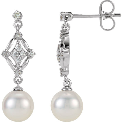 14K White Gold Cultured White Freshwater Pearl & 1/6 CTW Natural Diamond Earrings, 7.9 mm x 24.25 mm