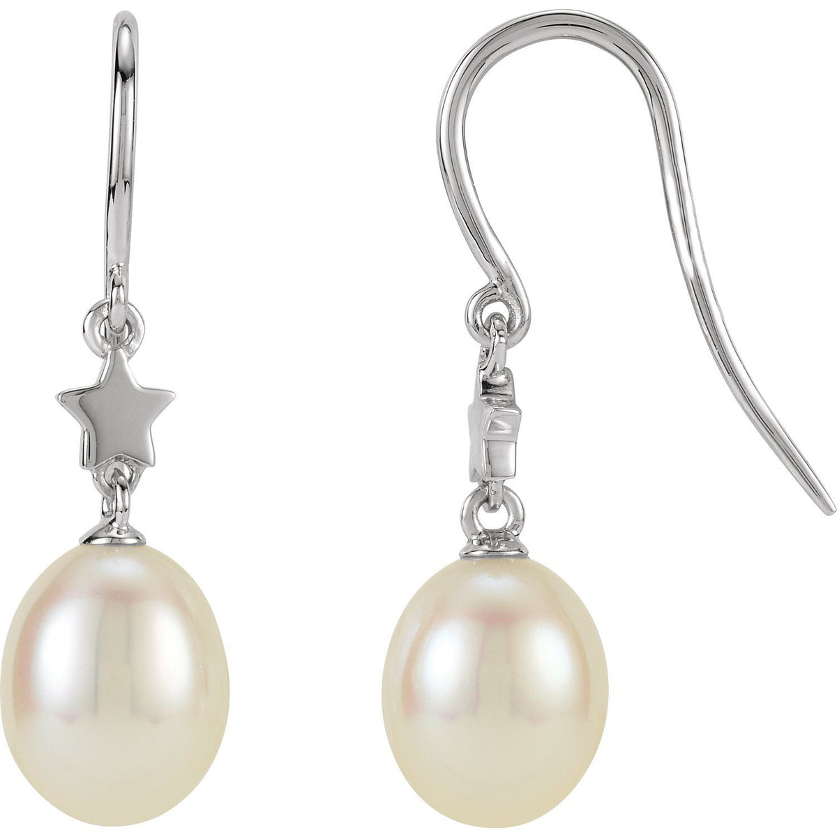 14K White Gold Cultured White Freshwater Pearl Star Earrings