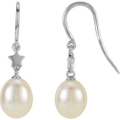 14K White Gold Cultured White Freshwater Pearl Star Earrings
