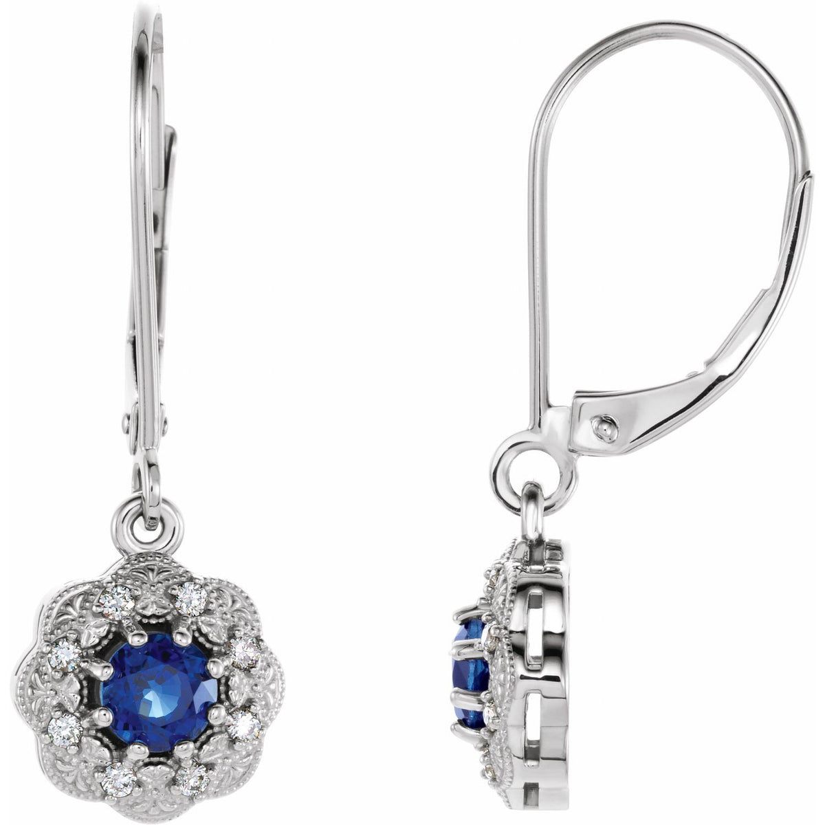 14K White Gold Natural Blue Sapphire & 1/10 CTW Natural Diamond Halo-Style Earrings