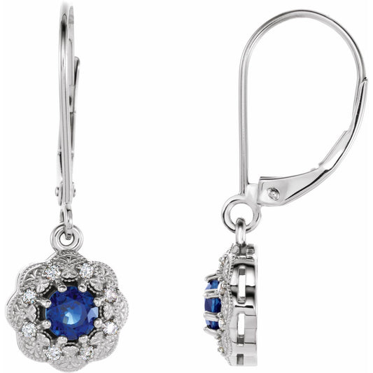 14K White Gold Natural Blue Sapphire & 1/10 CTW Natural Diamond Halo-Style Earrings