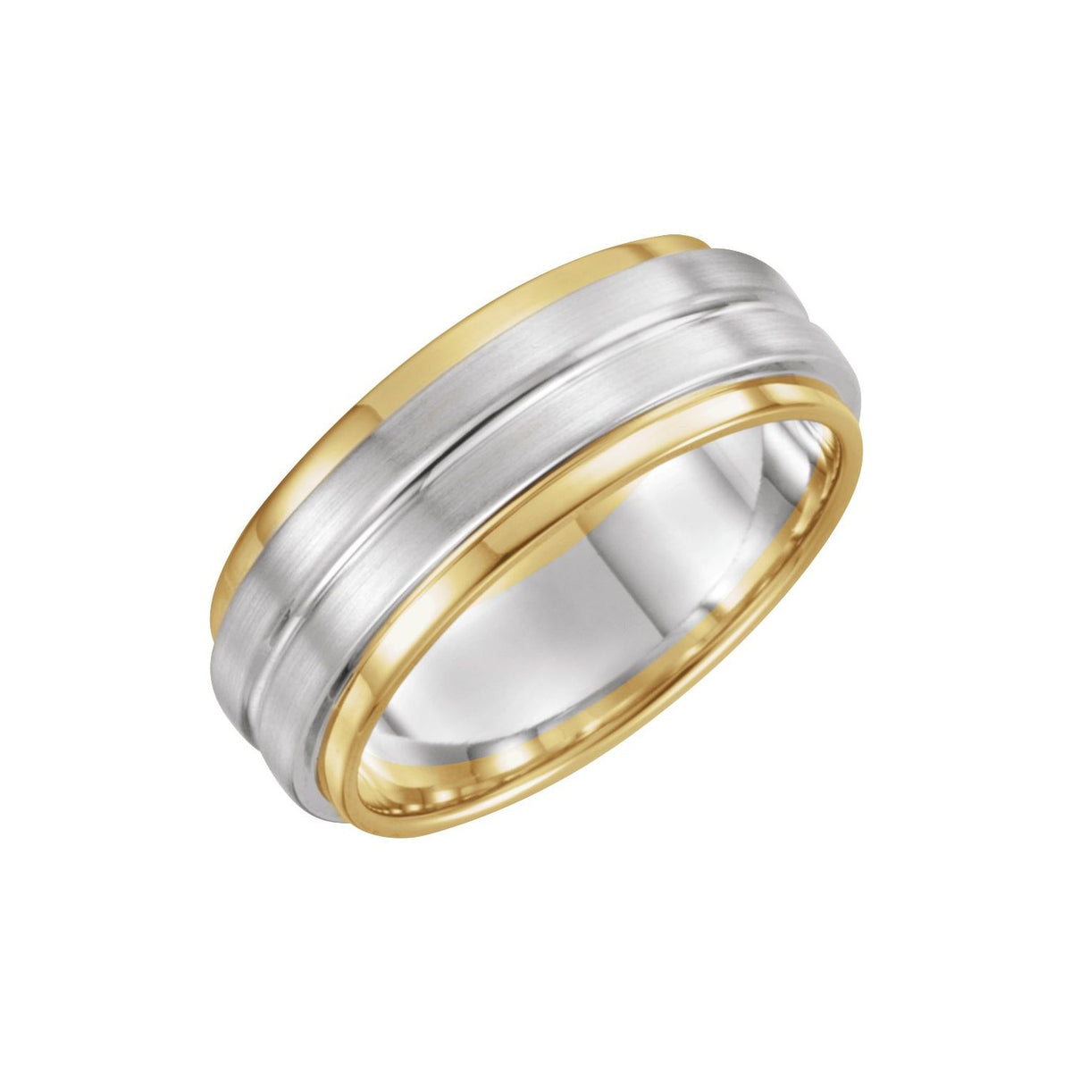 14K Yellow/White/Yellow Gold Stepped-Edge Grooved Comfort-Fit Flat Band