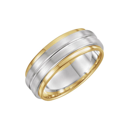 14K Yellow/White/Yellow Gold Stepped-Edge Grooved Comfort-Fit Flat Band