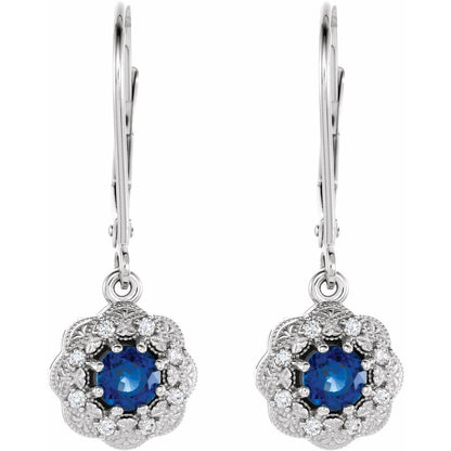 14K White Gold Natural Blue Sapphire & 1/10 CTW Natural Diamond Halo-Style Earrings