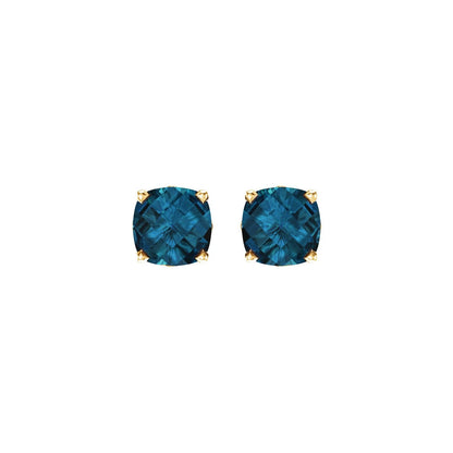 14K Yellow Gold 6x6 mm Cushion Natural London Blue Topaz Earrings