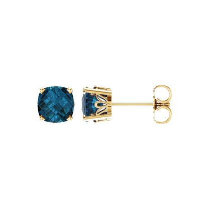 14K Yellow Gold 6x6 mm Cushion Natural London Blue Topaz Earrings