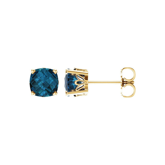 14K Yellow Gold 6x6 mm Cushion Natural London Blue Topaz Earrings