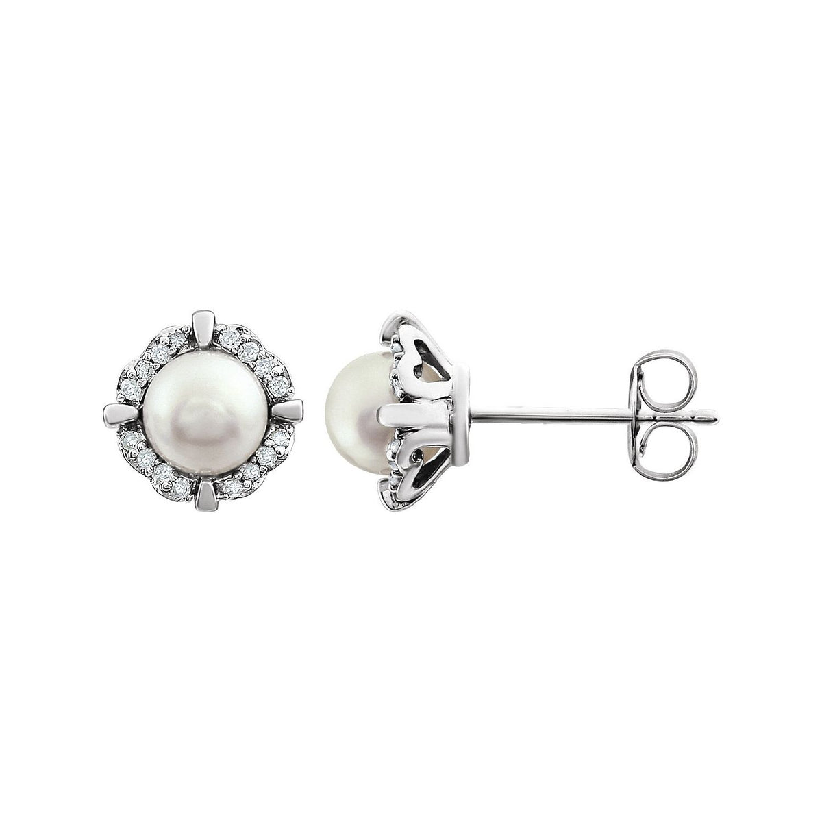 14K White Gold Cultured White Freshwater Pearl & 1/10 CTW Natural Diamond Earrings