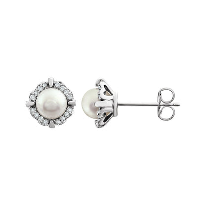 14K White Gold Cultured White Freshwater Pearl & 1/10 CTW Natural Diamond Earrings