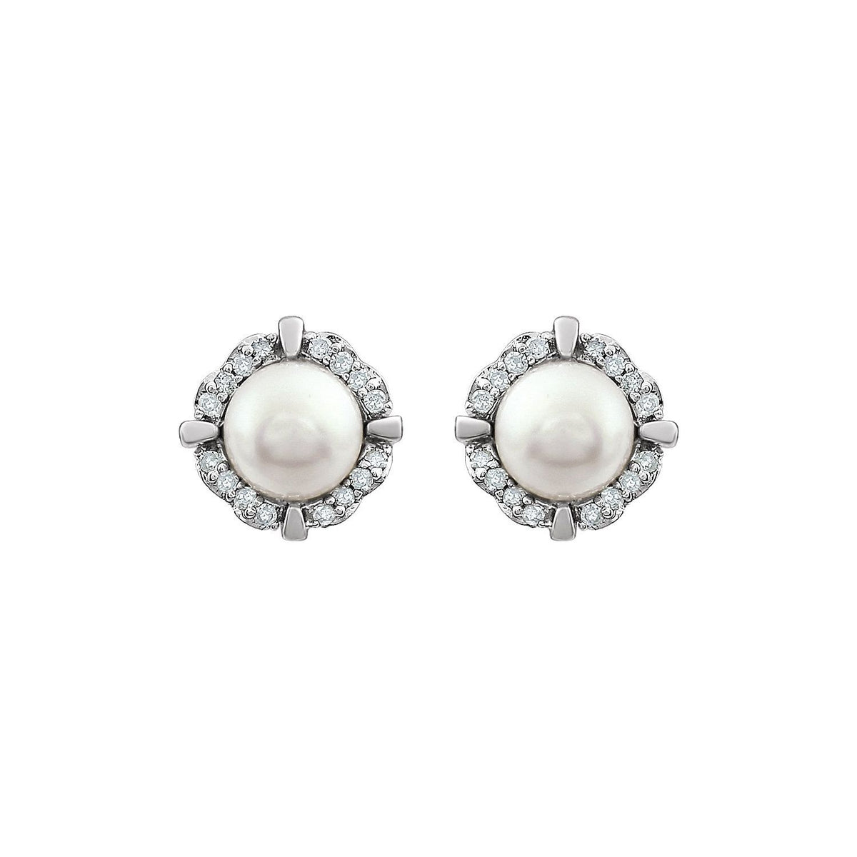 14K White Gold Cultured White Freshwater Pearl & 1/10 CTW Natural Diamond Earrings
