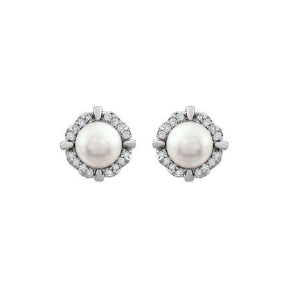 14K White Gold Cultured White Freshwater Pearl & 1/10 CTW Natural Diamond Earrings