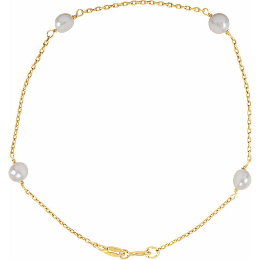 14K Yellow Gold 4- Cultured White Freshwater Pearl 6" Bracelet