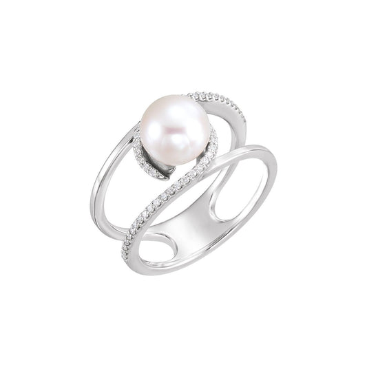 14K White Gold Cultured White Freshwater Pearl & 1/8 CTW Natural Diamond Ring