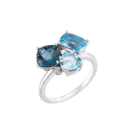 14K White Gold Natural Swiss Blue, Natural London Blue, & Natural Sky Blue Topaz & .05 CTW Natural Diamond Ring