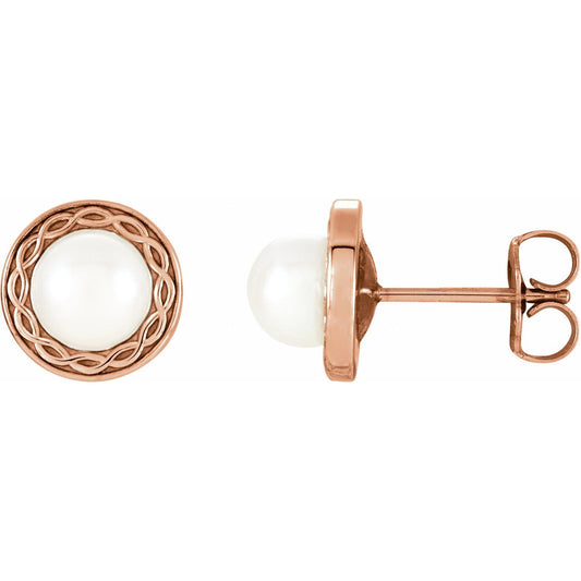 14K Rose Gold Cultured White Freshwater Pearl Earrings