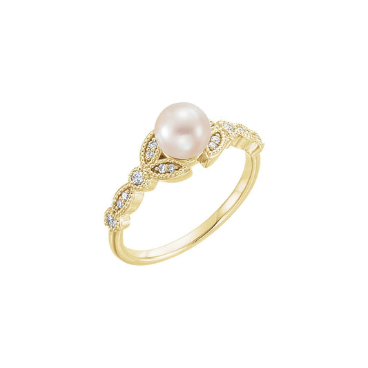 Cultured White Freshwater Pearl & 1/10 CTW Natural Diamond Leaf Ring
