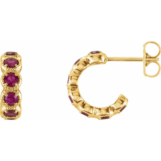 14K Yellow Gold Natural Ruby Hoop Earrings