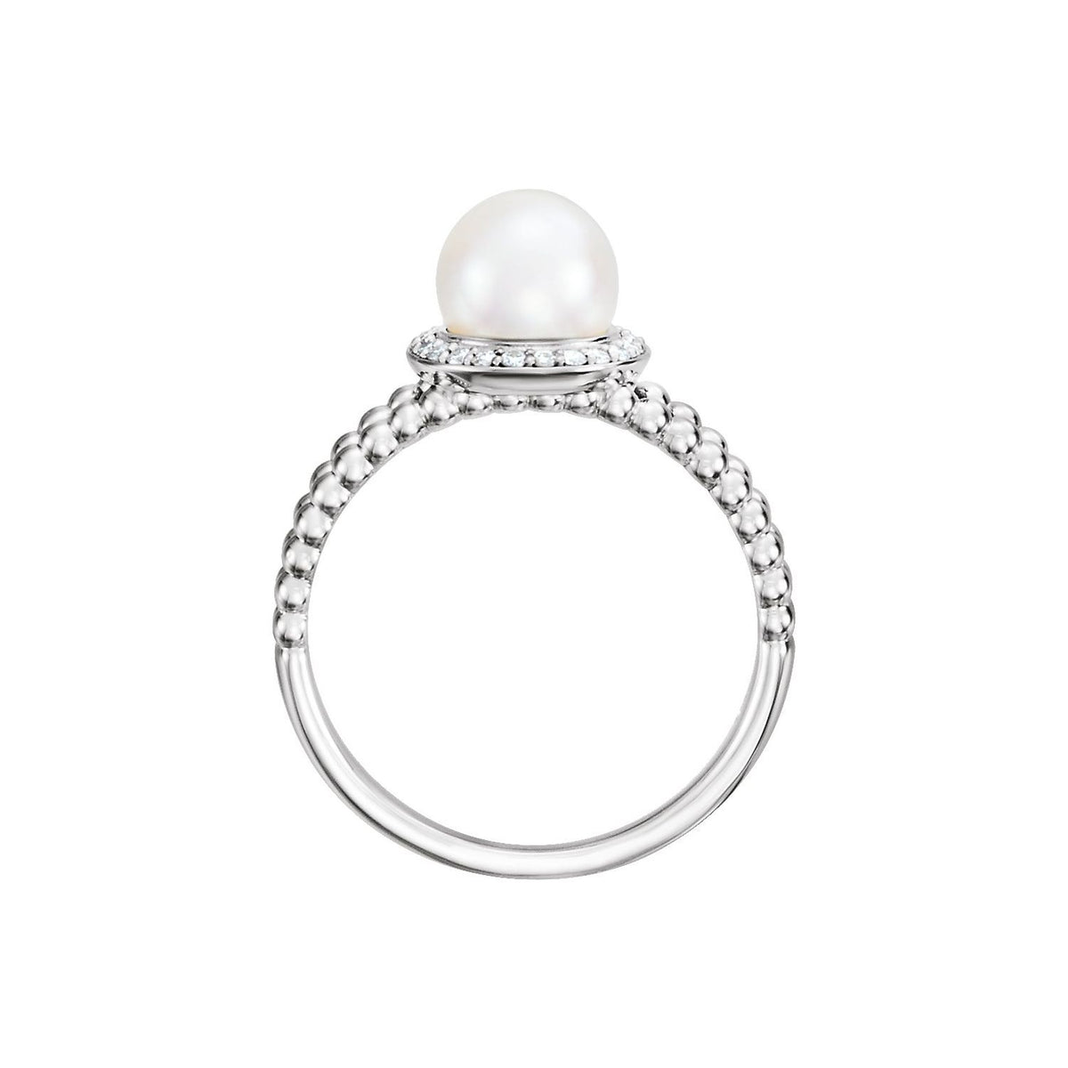 14K White Gold Cultured White Freshwater Pearl & .08 CTW Natural Diamond Halo-Style Beaded Ring