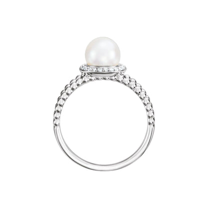 14K White Gold Cultured White Freshwater Pearl & .08 CTW Natural Diamond Halo-Style Beaded Ring