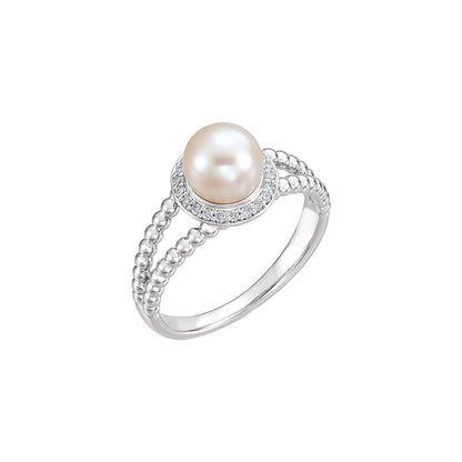 14K White Gold Cultured White Freshwater Pearl & .08 CTW Natural Diamond Halo-Style Beaded Ring