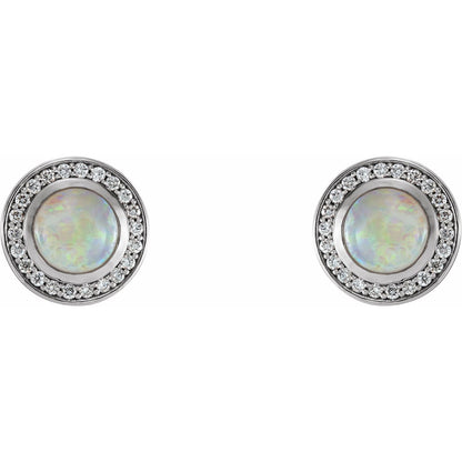 14K White Gold Natural White Opal & 1/6 CTW Natural Diamond Halo-Style Earrings