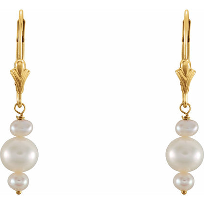 14K Yellow Gold Cultured White Freshwater Pearl Earrings, 5.9 mm x 28.9 mm