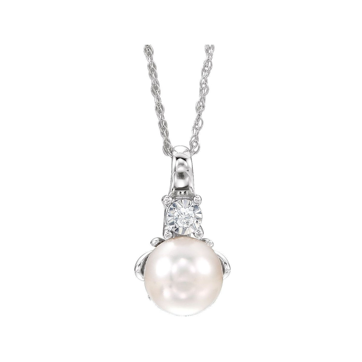 14K White Gold Cultured White Freshwater Pearl & .02 CT Natural Diamond 18" Necklace