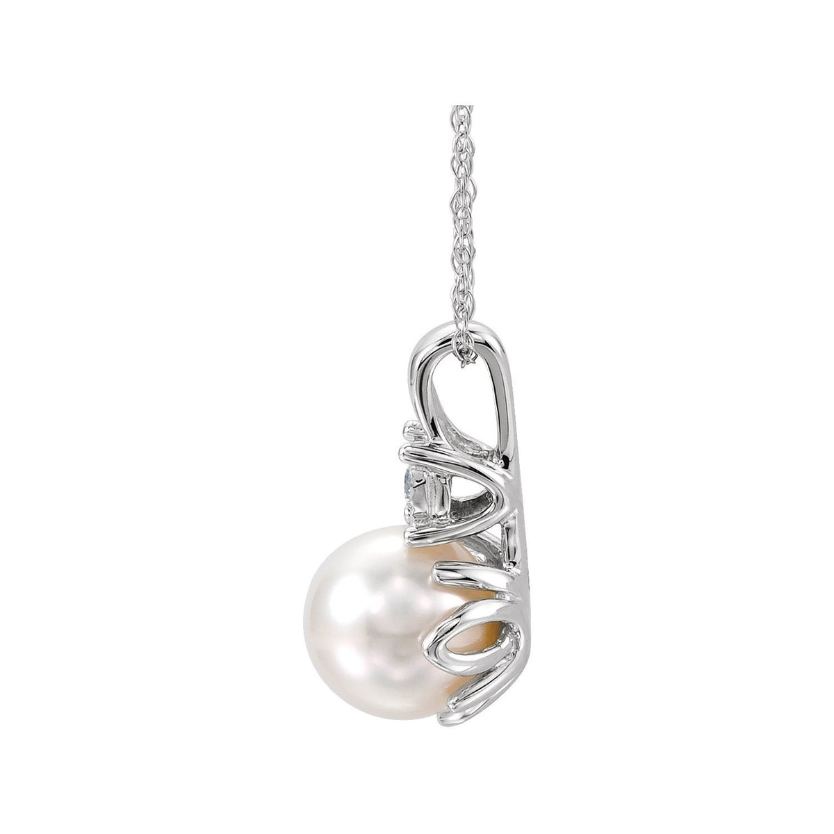 14K White Gold Cultured White Freshwater Pearl & .02 CT Natural Diamond 18" Necklace