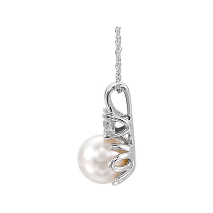 14K White Gold Cultured White Freshwater Pearl & .02 CT Natural Diamond 18" Necklace