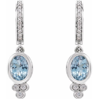 14K White Gold Natural Aquamarine & 1/6 CTW Natural Diamond Hoop Earrings