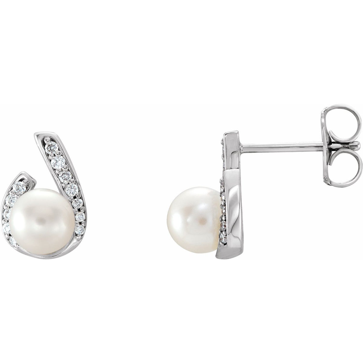 14K White Gold Cultured White Freshwater Pearl & 1/10 CTW Natural Diamond Earrings, 6.71 mm x 9.93 mm